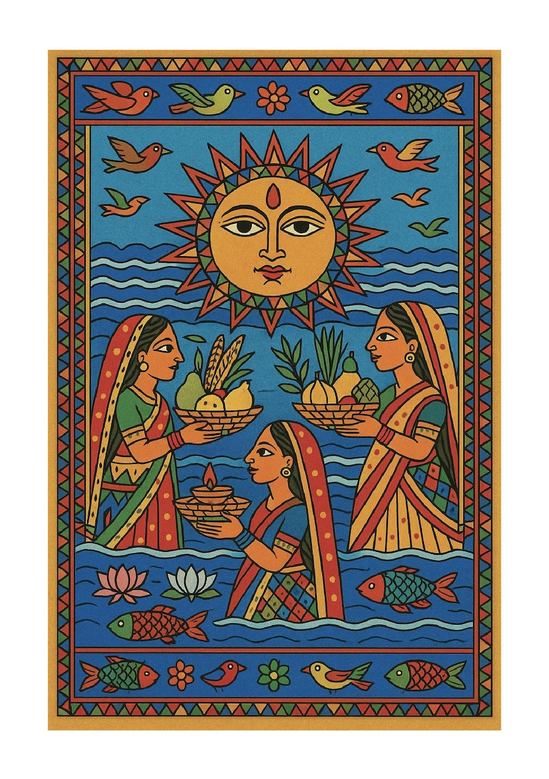 May include: A colourful folk art print showing three women in traditional dress, carrying baskets of fruit or a lit lamp. A large sun with a face shines above them, with birds and fish in the blue water. The border has a geometric pattern.