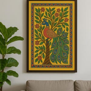 May include: Framed artwork depicting a peacock in a tree with red flowers. The peacock has blue, red, and green feathers. The background is yellow with a decorative border. The artwork is displayed above a grey sofa.