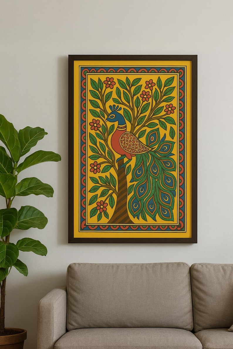 May include: Framed artwork depicting a peacock in a tree with red flowers. The peacock has blue, red, and green feathers. The background is yellow with a decorative border. The artwork is displayed above a grey sofa.