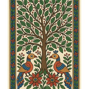 May include: A vibrant illustration of a tree with green foliage and red berries, with two birds in orange, blue, and red. The artwork is framed with a blue border with red flowers, set against a cream background.