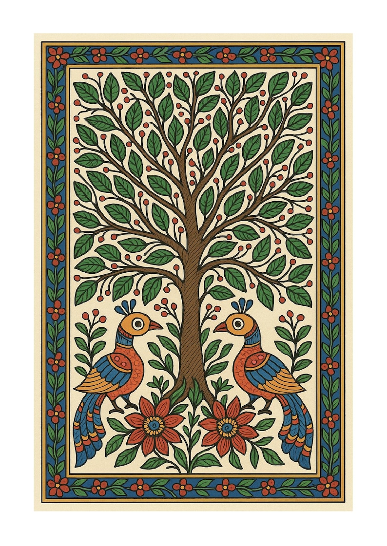 May include: A vibrant illustration of a tree with green foliage and red berries, with two birds in orange, blue, and red. The artwork is framed with a blue border with red flowers, set against a cream background.