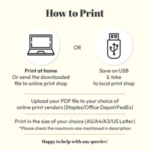 May include: An instructional graphic titled "How to Print". It features icons of a laptop and a USB drive, with text detailing printing options: at home, via online print shops, or at a local print shop. It also mentions print sizes.