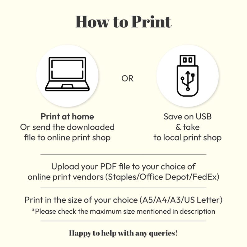 May include: An instructional graphic titled "How to Print". It features icons of a laptop and a USB drive, with text detailing printing options: at home, via online print shops, or at a local print shop. It also mentions print sizes.