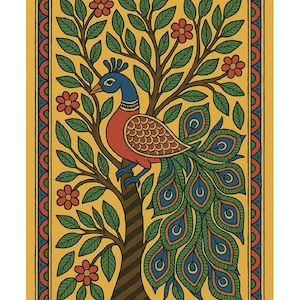 May include: A vibrant illustration of a peacock in a tree. The peacock features blue, red, and green feathers. The tree has green leaves and red flowers, set against a yellow background with a decorative border.