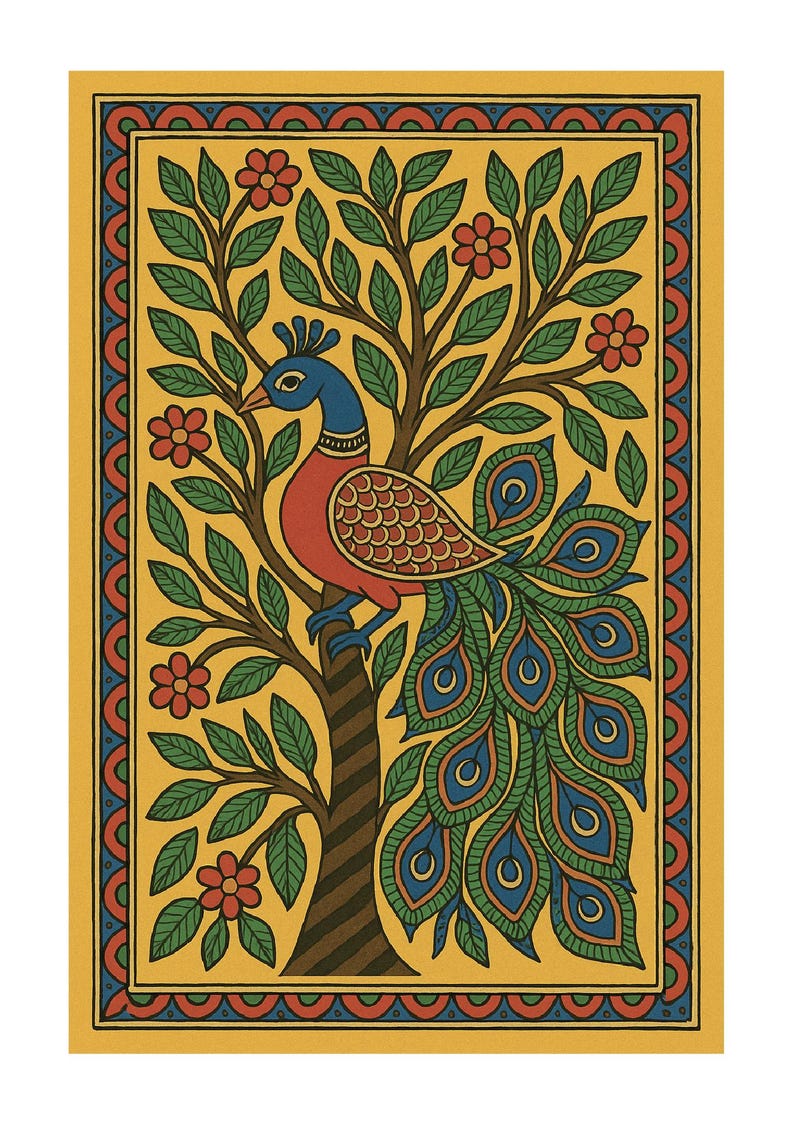 May include: A vibrant illustration of a peacock in a tree. The peacock features blue, red, and green feathers. The tree has green leaves and red flowers, set against a yellow background with a decorative border.