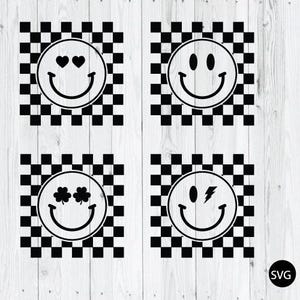 Checkered Smiley SVG Bundle | Smiling Face PNG SVG Dxf | Retro Cute Cut Files for Cricut Silhouette | Instant Download