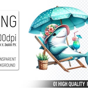 Summer Shark Clipart PNG in Watercolor Style, High Resolution 300 DPI Transparent File for Sublimation, Stickers, Kids Crafts