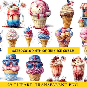4th of July Ice Cream Clipart: Patriotic PNG Graphics (Digital Download)