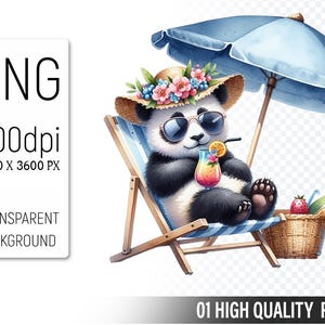 Summer Panda Clipart PNG in Watercolor Style, High Resolution 300 DPI Transparent File for Sublimation, Kids Crafts, Stickers, and DIY