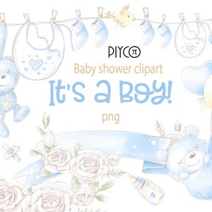 Baby Shower Clipart Bundle: Blue Watercolor, Floral Accents (49 PNG Elements, Digital Download)