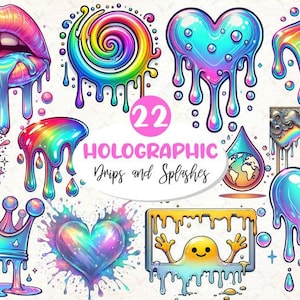 Holographic Drips & Splashes Clipart Bundle: Shimmering PNG Graphics (Digital Download)