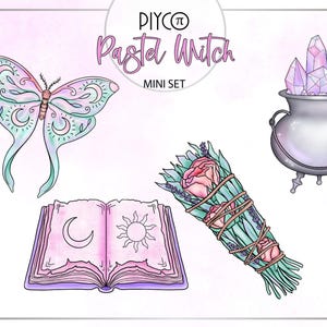 Pastel Witch Clipart Bundle Creepy Cute Aesthetic PNG Set for Scrapbooking, Crafts, Planners, Cards, Invites, Flyers & DIY Projects