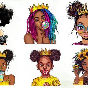 Clipartbundel Afro Girl: Melanine Queen, png, Crowned Black Girl Art (digitale download)