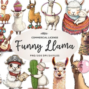 Funny Llama Clipart Bundle: Humorous Animal PNG Graphics (Digital Download)