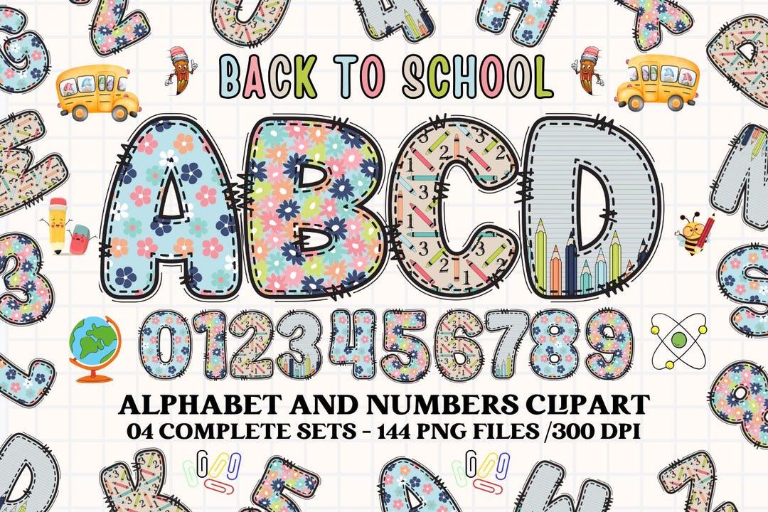 Back to School Alphabet PNG | Doodle Letters & Numbers Clipart | 144 ...