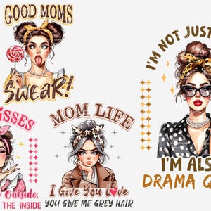Funny Pop Art Mom PNG Bundle, Retro Mother’s Day Clipart with Sarcastic Quotes for T-Shirts Mugs Cards Stickers and DIY Gift Crafts