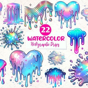 Holographic Drips and Splashes Clipart Bundle: Iridescent Liquid Elements (Digital Download)