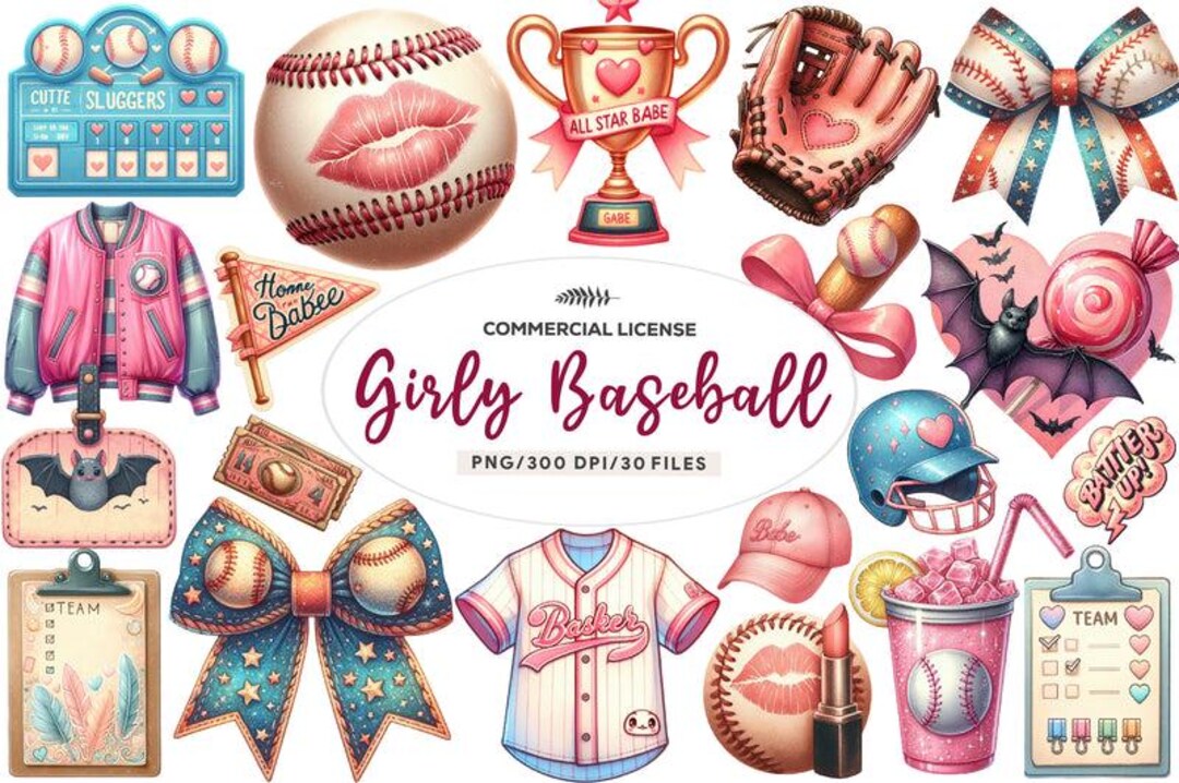 Retro Girly Baseball Clipart Bundle 1 Feminine Sports PNG Graphics With ...
