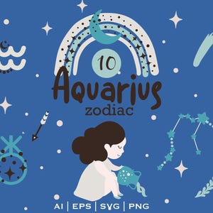 Aquarius Baby SVG Clipart - Zodiac Sign PNG Bundle - Cute Horoscope SVG for Nursery, T-Shirts, Wall Art & Crafts