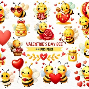 Adorable Valentine’s Day Bee Clipart Bundle – 44 Watercolor PNG Files with Transparent Background for DIY Crafts & Digital Projects