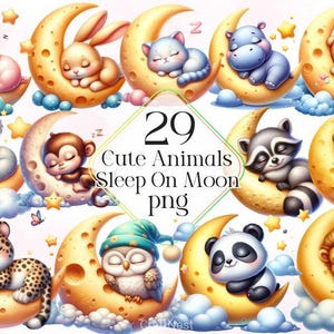 Cute Animals Sleep On Moon Clipart Bundle for Nursery Crafts, Celestial Animal PNG Set, Baby Shower Decor, Sublimation, Instant Download