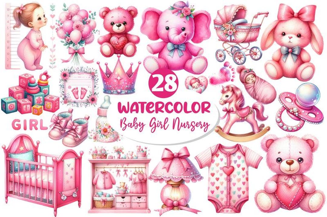Pink Baby Girl Nursery Clipart Bundle for Feminine Infant Crafts, SVG ...