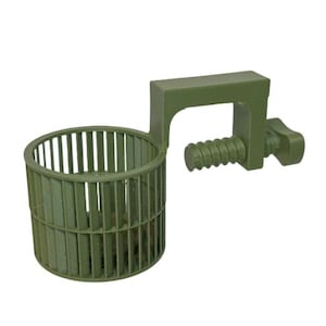 May include: An olive green cup holder with a clamp. The cup holder is cylindrical with vertical bars. The clamp has a screw for tightening. The product is designed to hold a cup or small object.