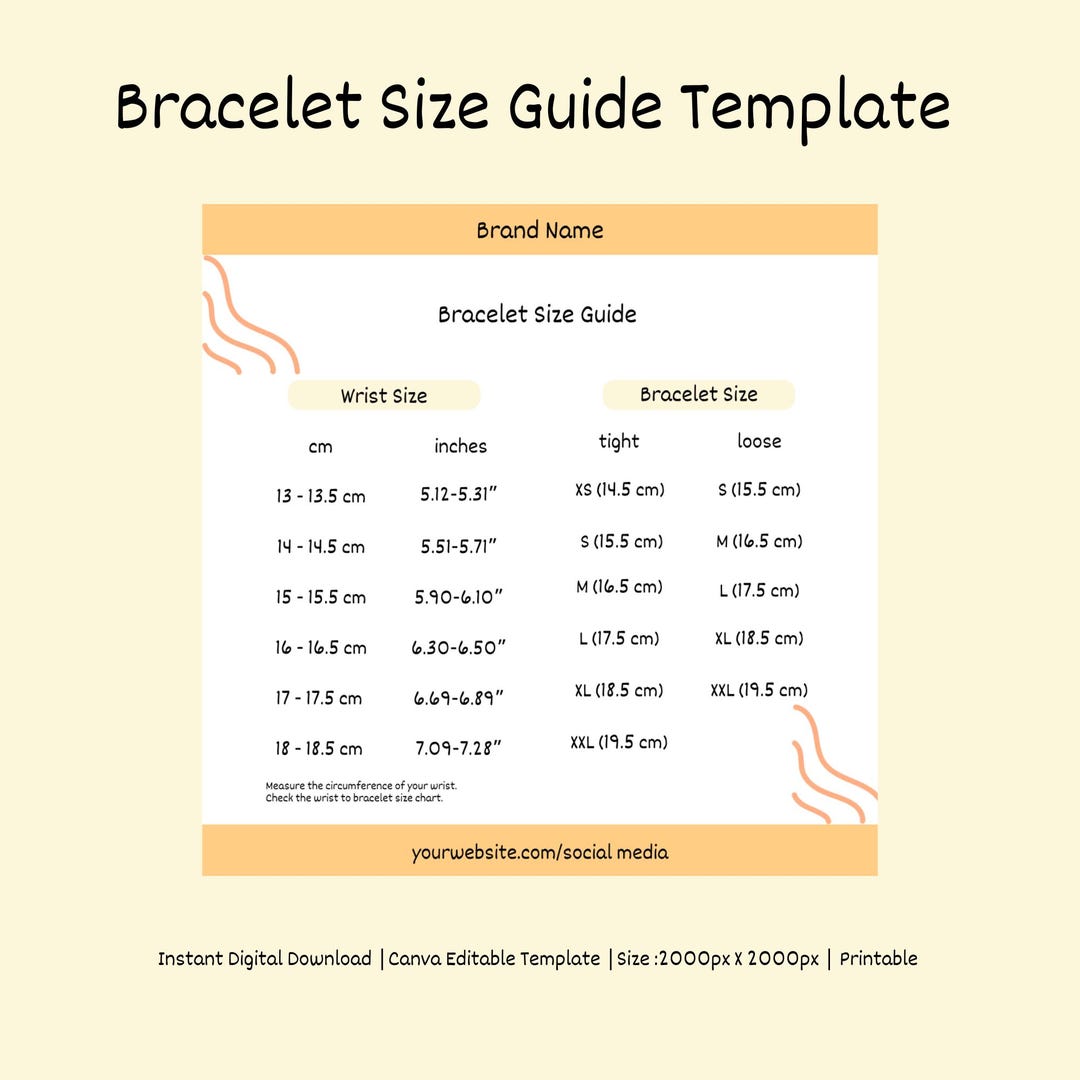 Digital Bracelet Size Guide Chart Instant Download, Editable
