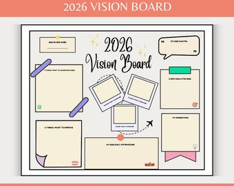 Tablica wizualizacji na rok 2026 do druku | Cyfrowy szablon tablicy wizualizacji | Wyznaczanie celów, Planer manifestacji, Tablica marzeń, Prawo przyciągania do pobrania