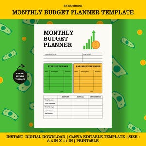 Modelo de Planejador de Orçamento Mensal | Rastreador de Orçamento Editável | Planejador Financeiro para Imprimir | Rastreador de Receitas e Despesas | Planejador Financeiro Digital