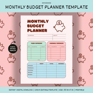 Modelo de Planejador de Orçamento Mensal | Rastreador de Orçamento Editável | Planejador Financeiro para Imprimir | Rastreador de Receitas e Despesas | Planejador Financeiro Digital