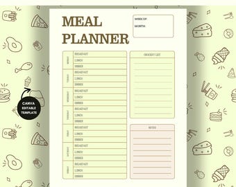 Editable Weekly Meal Planner Canva Template: Grocery List, Nutrition Tracker (Digital Download)