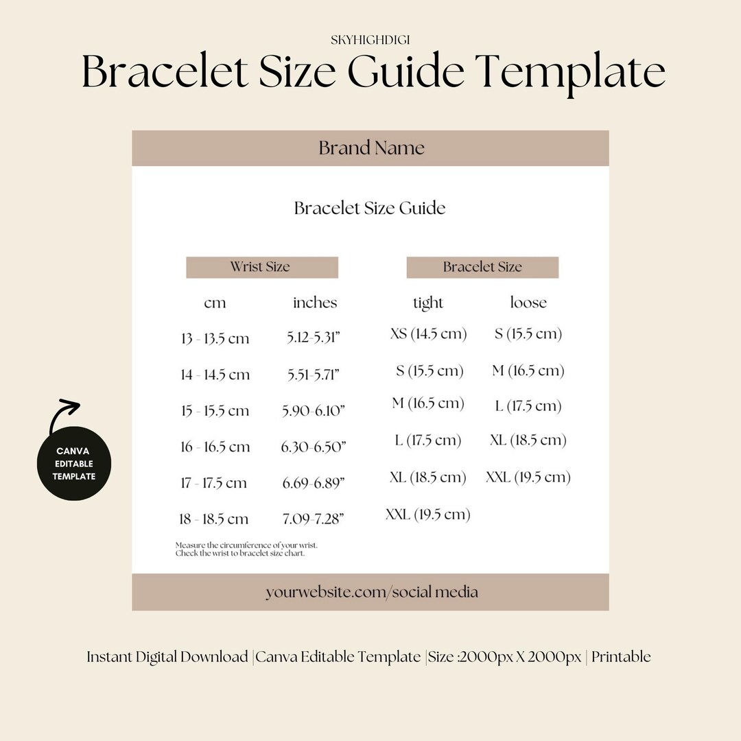 Bracelet Ruler Printable Free Pdf Digital Bracelet Size Guide: Editable Jewelry Chart Template (instant ...