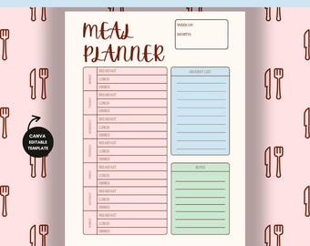 Editable Weekly Meal Planner Canva Template: Grocery List, Nutrition Tracker (Digital Download)