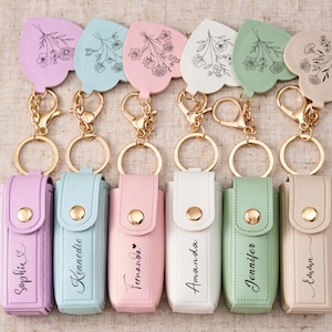 Personalized Leather Lipstick Case Keychain, Engraved Lipstick Holder with Mirror, Bridesmaid Proposal Gift, Bachelorette or Wedding Favor image 1