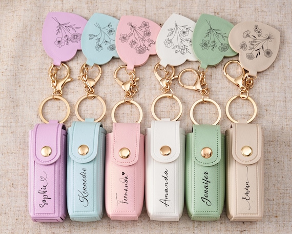 Personalized Leather Lipstick Case Keychain, Engraved Lipstick Holder with Mirror, Bridesmaid Proposal Gift, Bachelorette or Wedding Favor