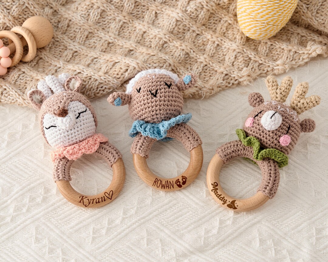 Crochet Animal Rattle With Name, Personalized Wooden Baby Toy, Custom ...