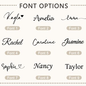 May include: A grid of nine distinct font options labeled Font 1 through Font 9, each displaying a different name in a unique black typeface. The names Kayla, Amelia, Emma, Rachel, Caroline, Jasmine, Sophie, Nancy, and Taylor are shown in various script and serif styles.