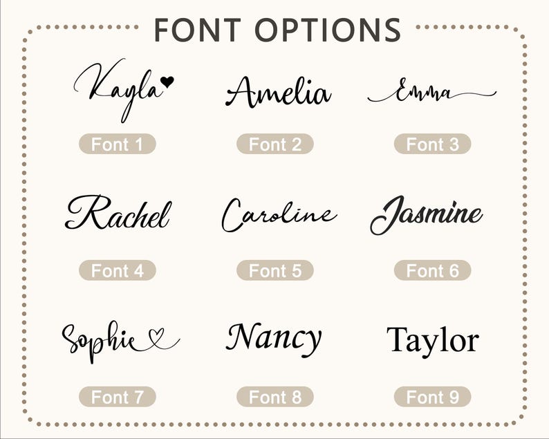 May include: A grid of nine distinct font options labeled Font 1 through Font 9, each displaying a different name in a unique black typeface. The names Kayla, Amelia, Emma, Rachel, Caroline, Jasmine, Sophie, Nancy, and Taylor are shown in various script and serif styles.