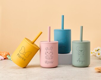 Silicone Kids Cup 7oz with Straw, Custom Engraved Sippy Tumbler for Toddlers, Spill-Proof Training Cup & Baby Shower or Birthday Gift Idea
