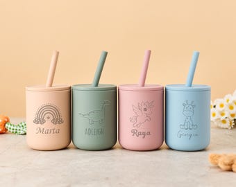 Personalized Silicone Baby Cup 7oz with Straw Lid, Custom Non-Spill Tumbler, Engraved Training Cup for Toddlers, Ideal for Birthday & Easter