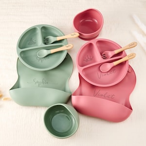 Benutzerdefinierte Silikon-Weaning-Set, Saugnapf für Kinder, Gravur-Lätzchen & Löffel, Säuglingsteller-Set mit Name, praktisches Babypartygeschenk für Baby