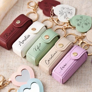 Personalized Leather Lipstick Case Keychain, Engraved Lipstick Holder with Mirror, Bridesmaid Proposal Gift, Bachelorette or Wedding Favor image 6