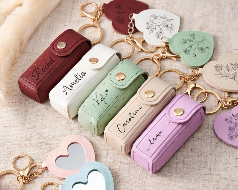 Personalized Leather Lipstick Case Keychain, Engraved Lipstick Holder with Mirror, Bridesmaid Proposal Gift, Bachelorette or Wedding Favor image 6