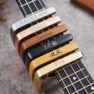 Personalized Engraved Guitar Capo with Name & Pick, Custom Wood Grain Metal Capo for Acoustic Guitar, Aesthetic Gift for Guitarists