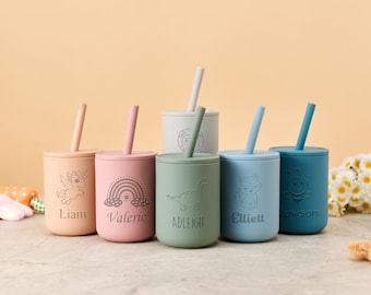 Engraved Toddler Cup with Straw 7oz, Personalized Silicone Sippy Cup with Lid, Custom Baby Training Cup, Holidays & First Birthday Gifts