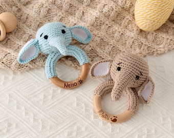 Personalized Elephant Crochet Rattle, Custom Wooden Baby Rattle, Engraved Rattle Ring Toy with Name for Newborn, Handmade Baby Shower Gift