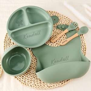 Personalisiertes Silikon-Baby-Teller-Set mit Gravur, personalisiertes Set für Kleinkinder, personalisiertes Fressnapf-Set, personalisiertes Fressnapf-Set, personalisiertes Ess-Geschenk