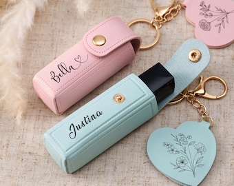 Leather Lipstick Case Keychain, Engraved Lipstick Holder with Birth Flower Mirror, Custom Name Cosmetics Gift for Mum, Daughter & Birthday