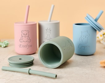 Engraved Silicone Cup 7oz for Kids, Custom Sippy Cup with Straw Lid, Spill-Proof Toddler Tumbler, Ideal Gift for Birthday & Baby Shower